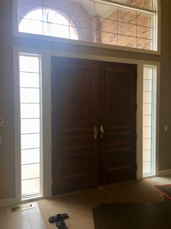 Dark double entry doors under a tall arched transom with clear sidelights, seen from the foyer
