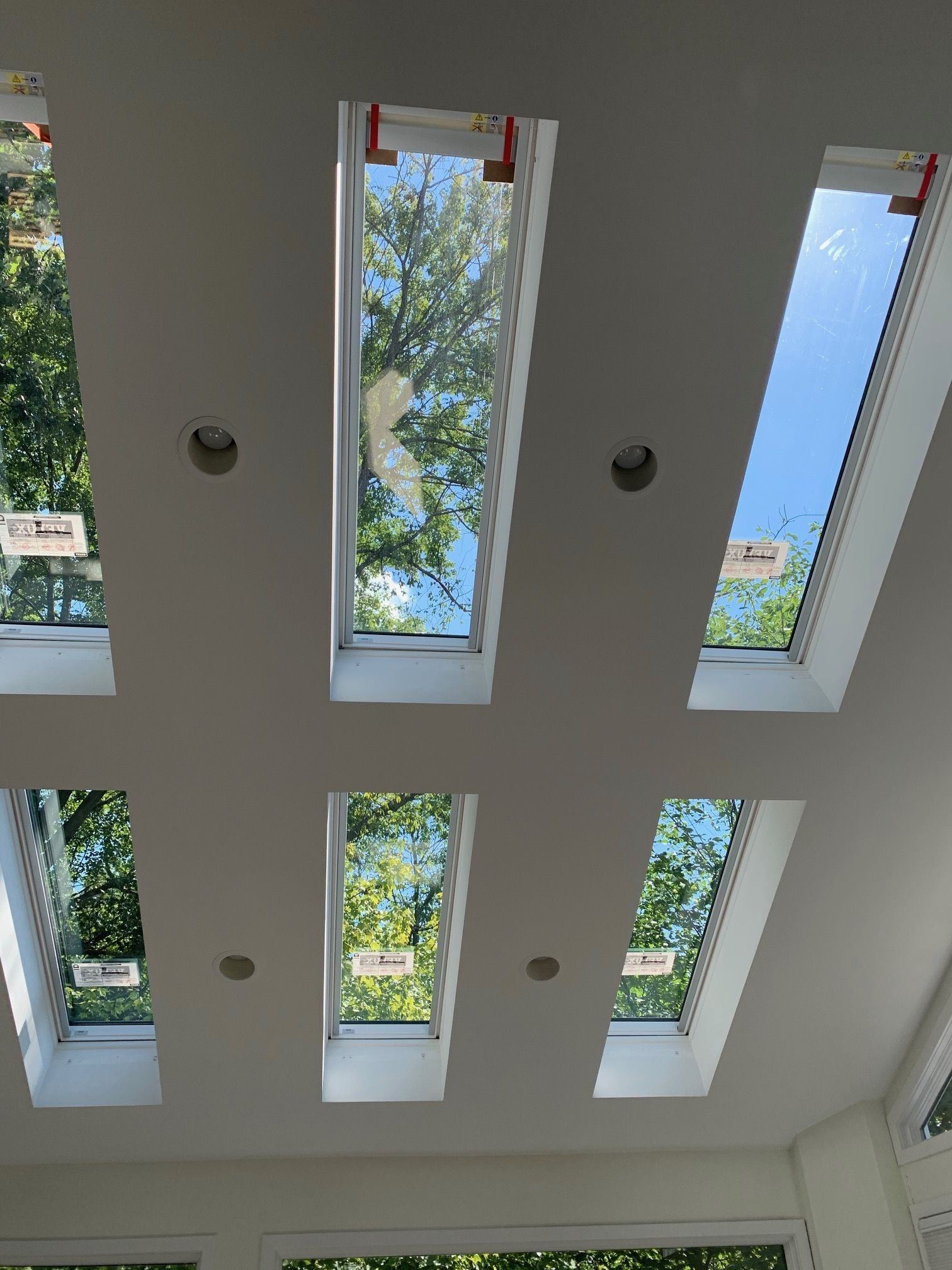 White vaulted ceiling with six skylights showing blue sky and trees